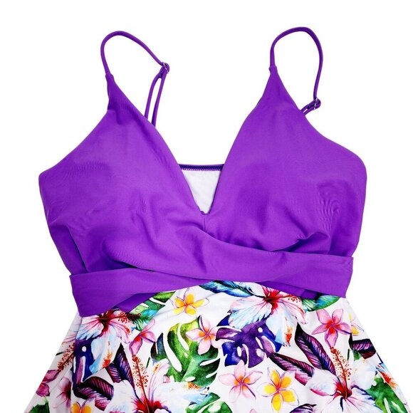 Womens Purple Floral One-Piece Swimsuit Binlowis Size XL Adjustable Straps - Picture 5 of 10